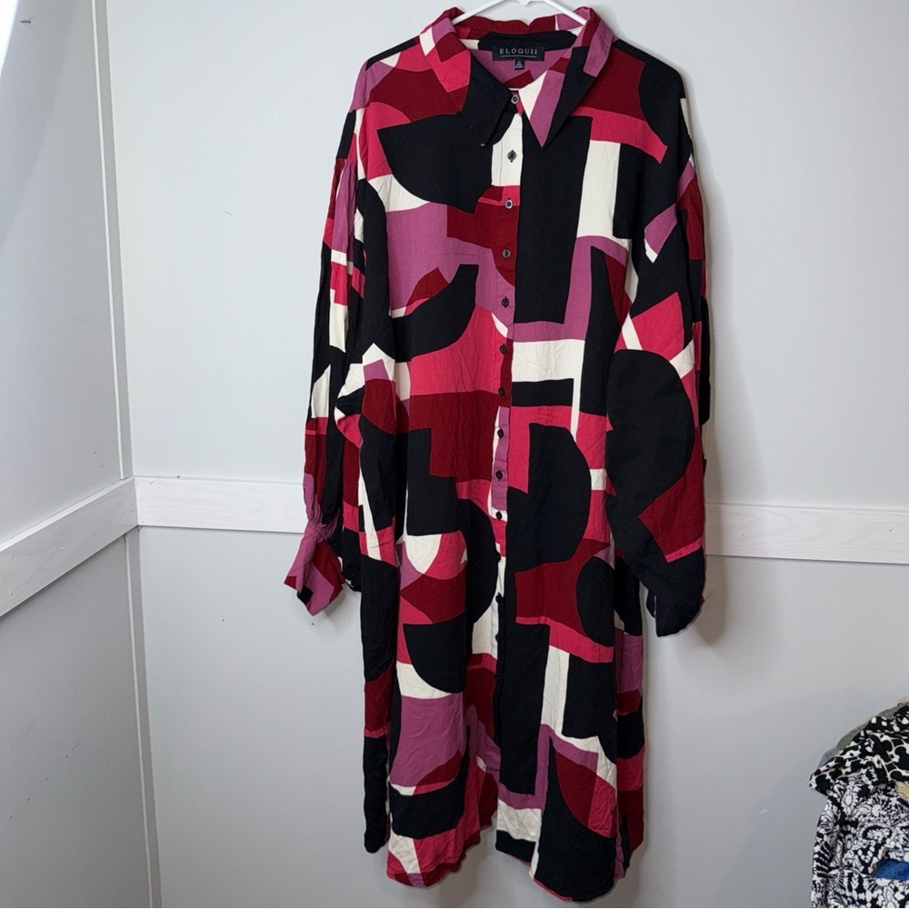 Eloquii Abstract Long Sleeve Dress - Red, Black, White